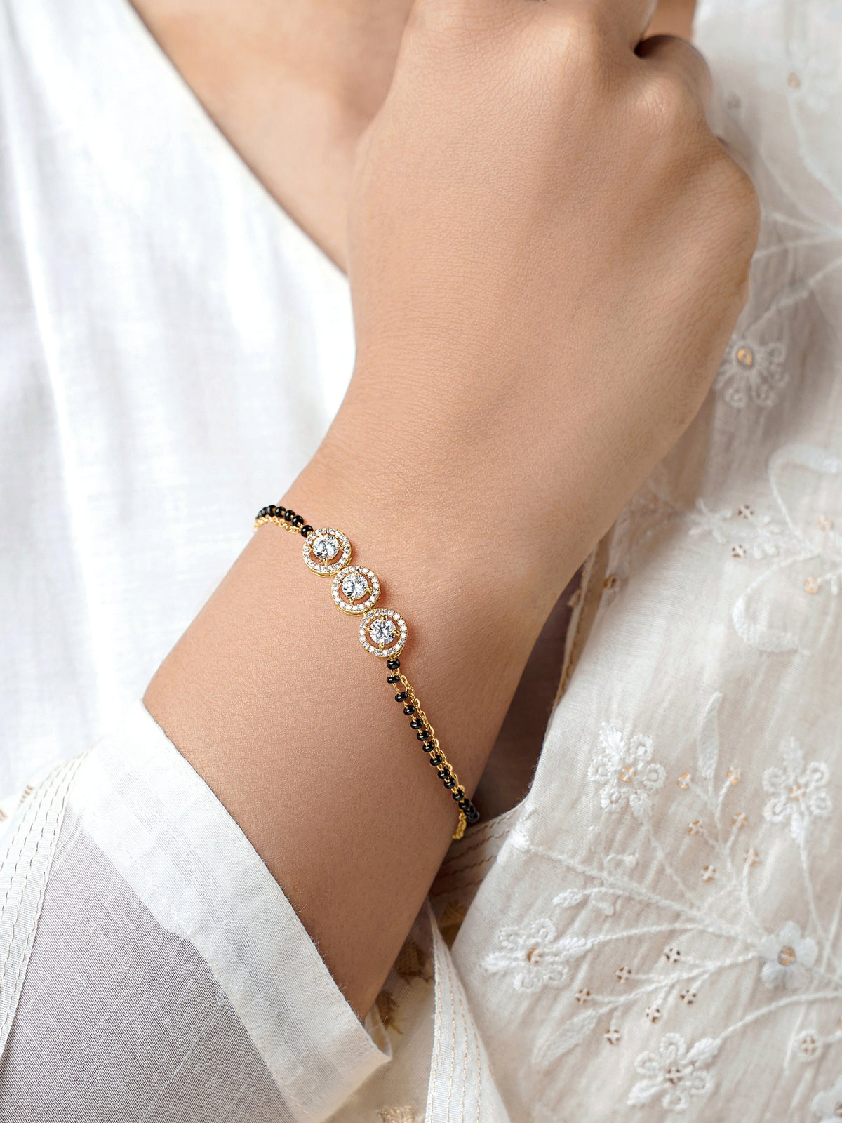Pihu Three Diamond Solitaire 18K Gold Plated Mangalsutra Bracelet
