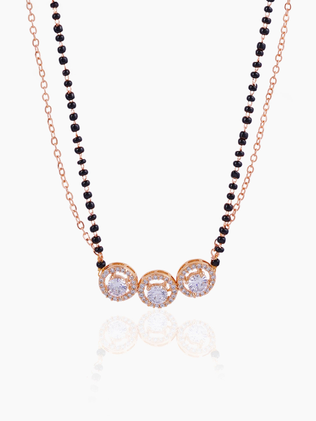 Pihu Three Round CZ Stones Layered Rosegold Plated Mangalsutra