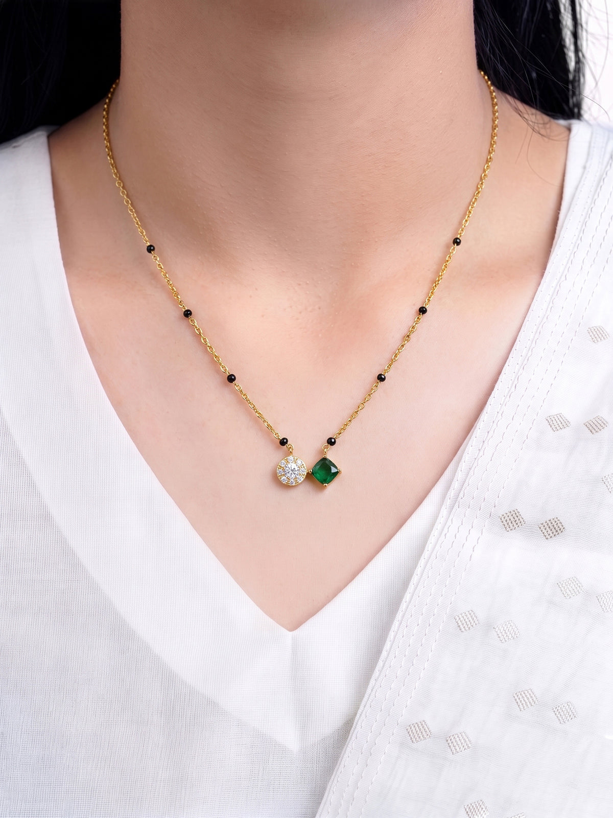 Priti Green Emerald Stone Diamond Emerald 18K Gold Plated Women's Chain Pendant Mangalsutra Necklace