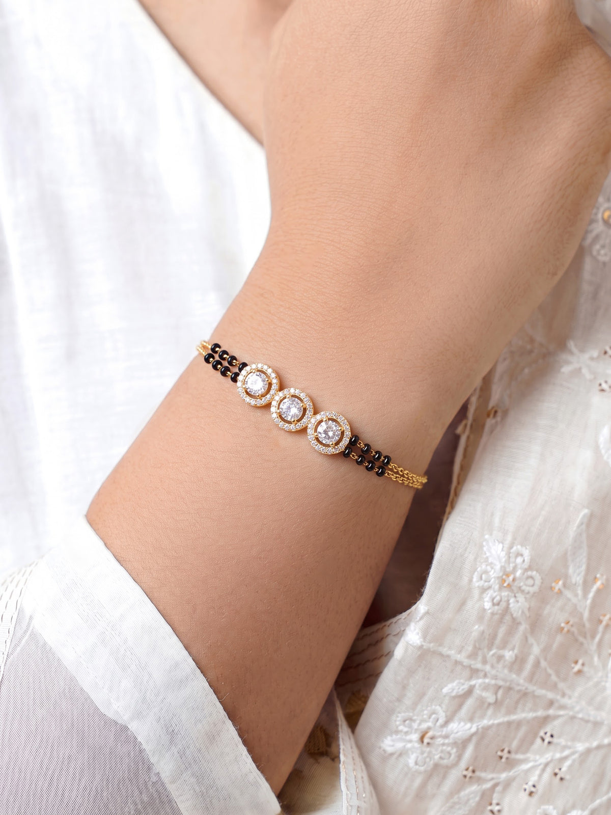 Raivika Diamond Three Solitaire 18K Gold Plated Women's Mangalsutra Bracelet