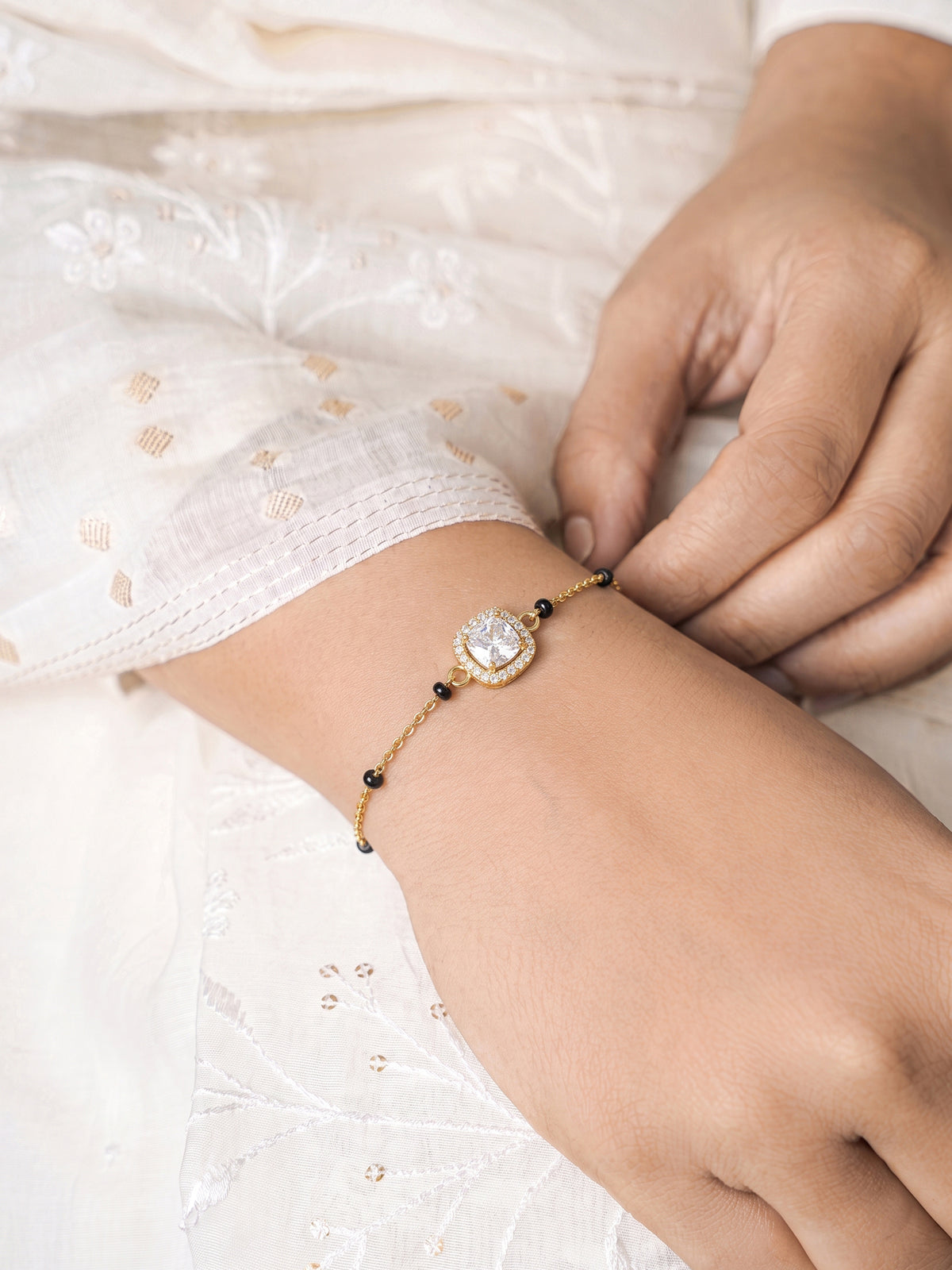 Rashi Diamond Solitaire Halo 18K Gold Plated Mangalsutra Bracelet