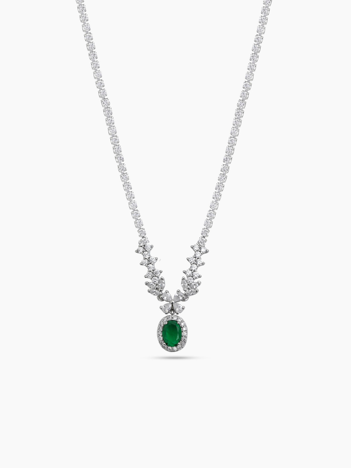 Ritika Green Emerald Floral Silver Women's Chain Pendant Necklace