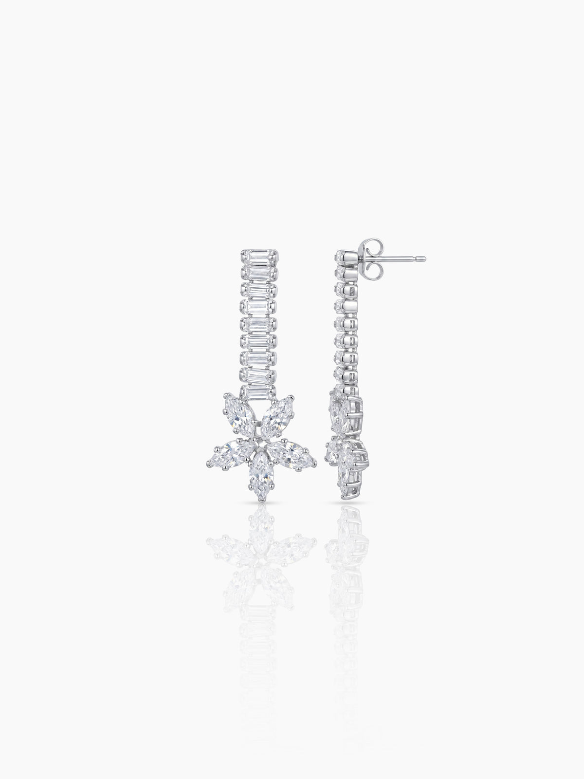 Sahira Baguette Floral Diamond Silver Women's Jewelry Set Of 4 - Necklace, Ring, Bracelet & Earrings