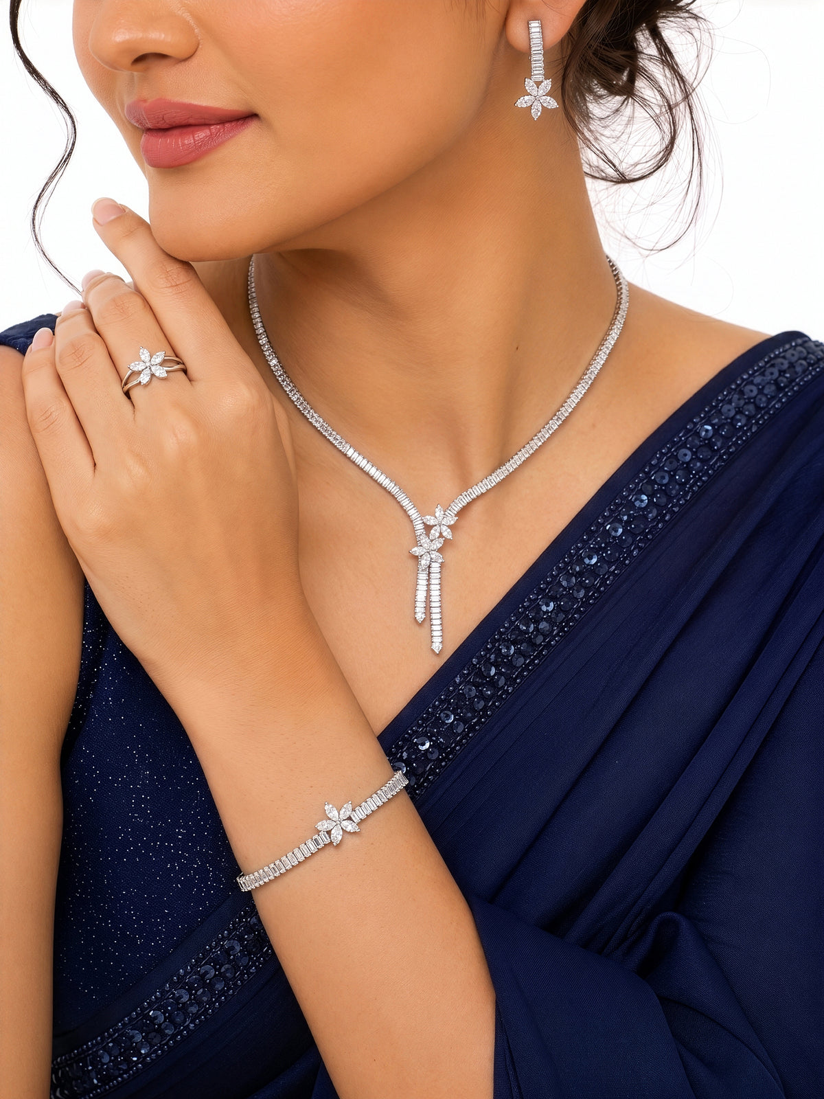 Sahira Baguette Floral Diamond Silver Women's Jewelry Set Of 4 - Necklace, Ring, Bracelet & Earrings