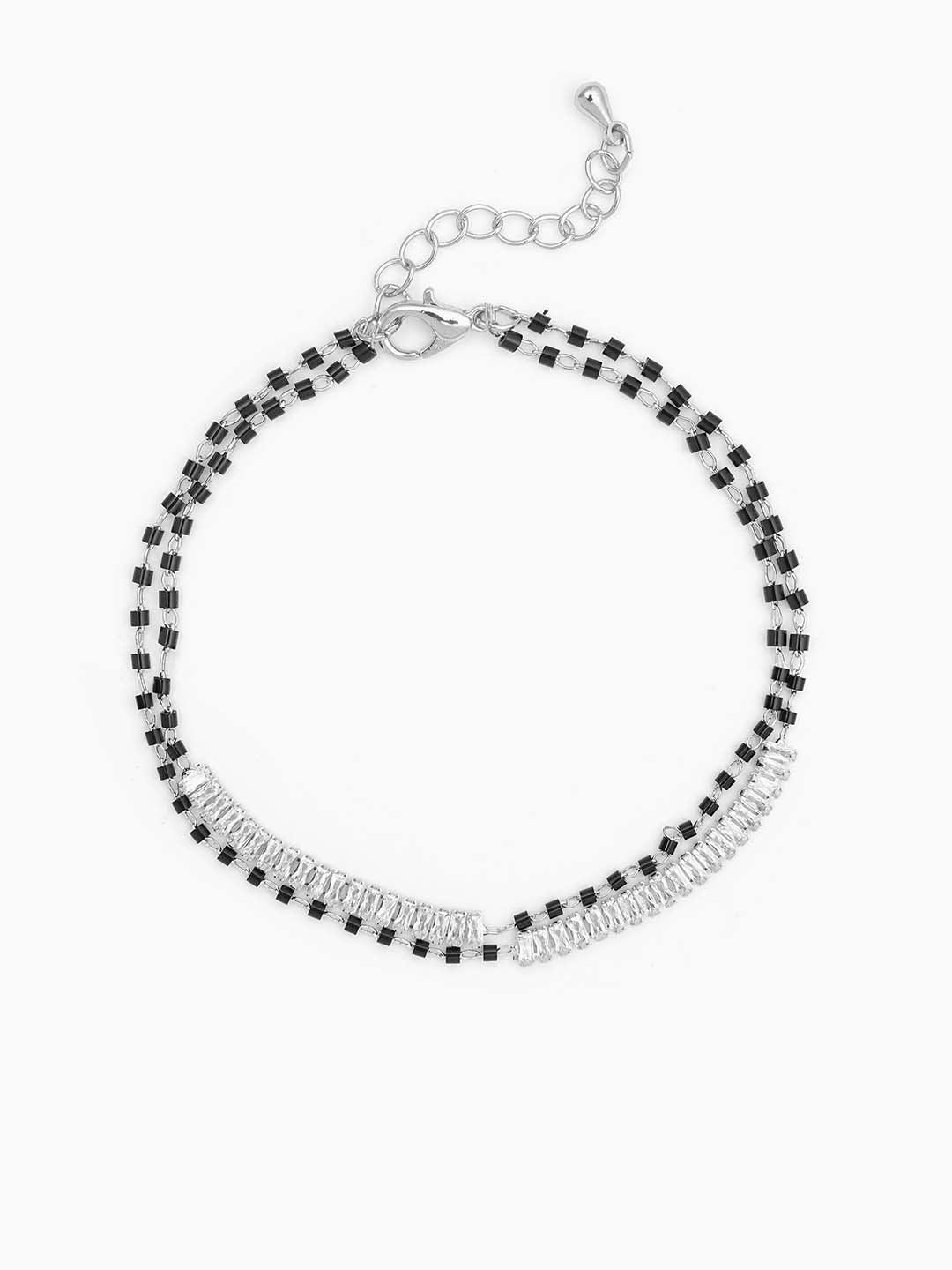 Samiha Baguette Diamond White Dual-Chain Silver Mangalsutra Bracelet