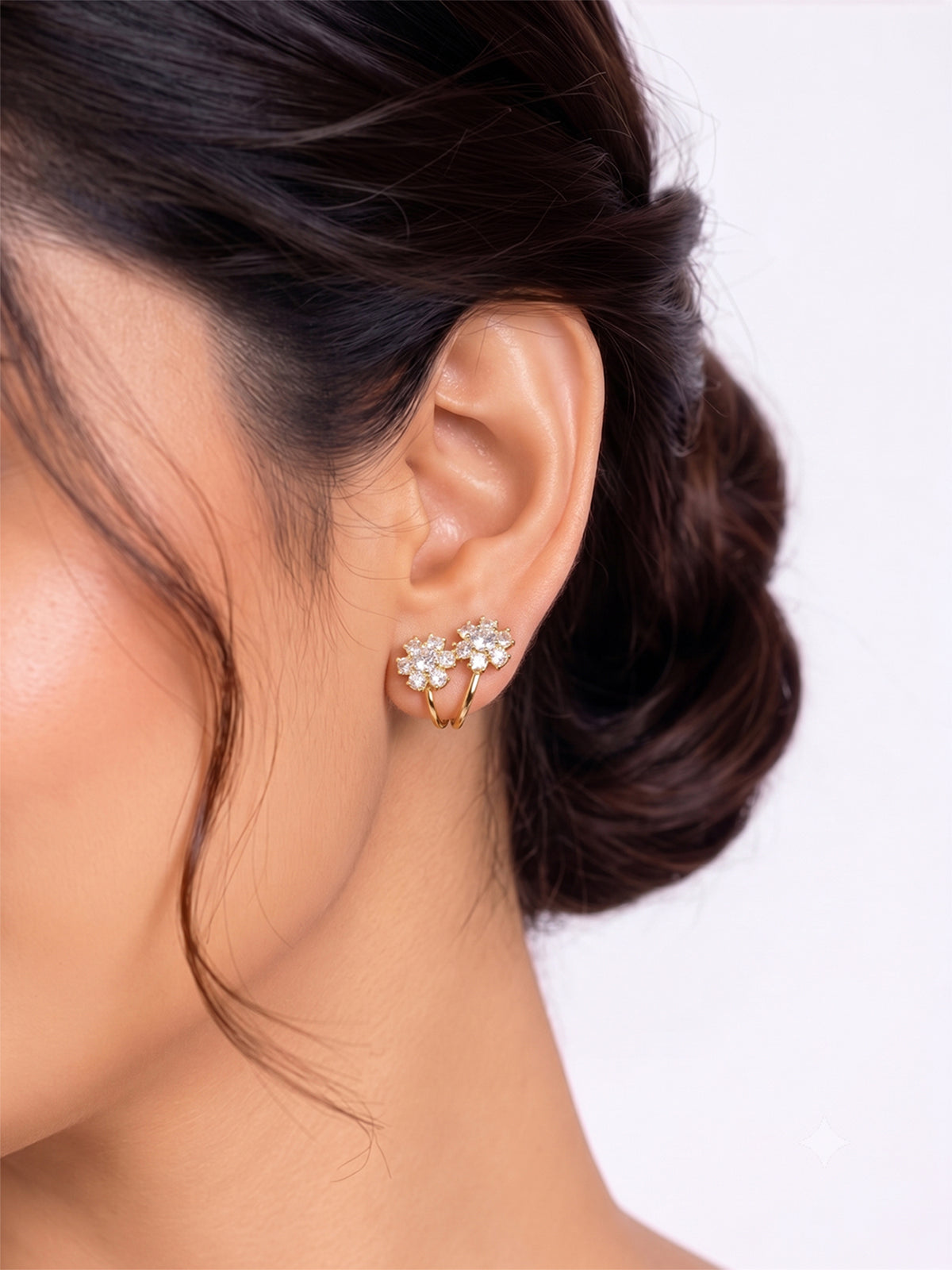 Savi Twin Diamond Floral Gold Women's Stud Earrings