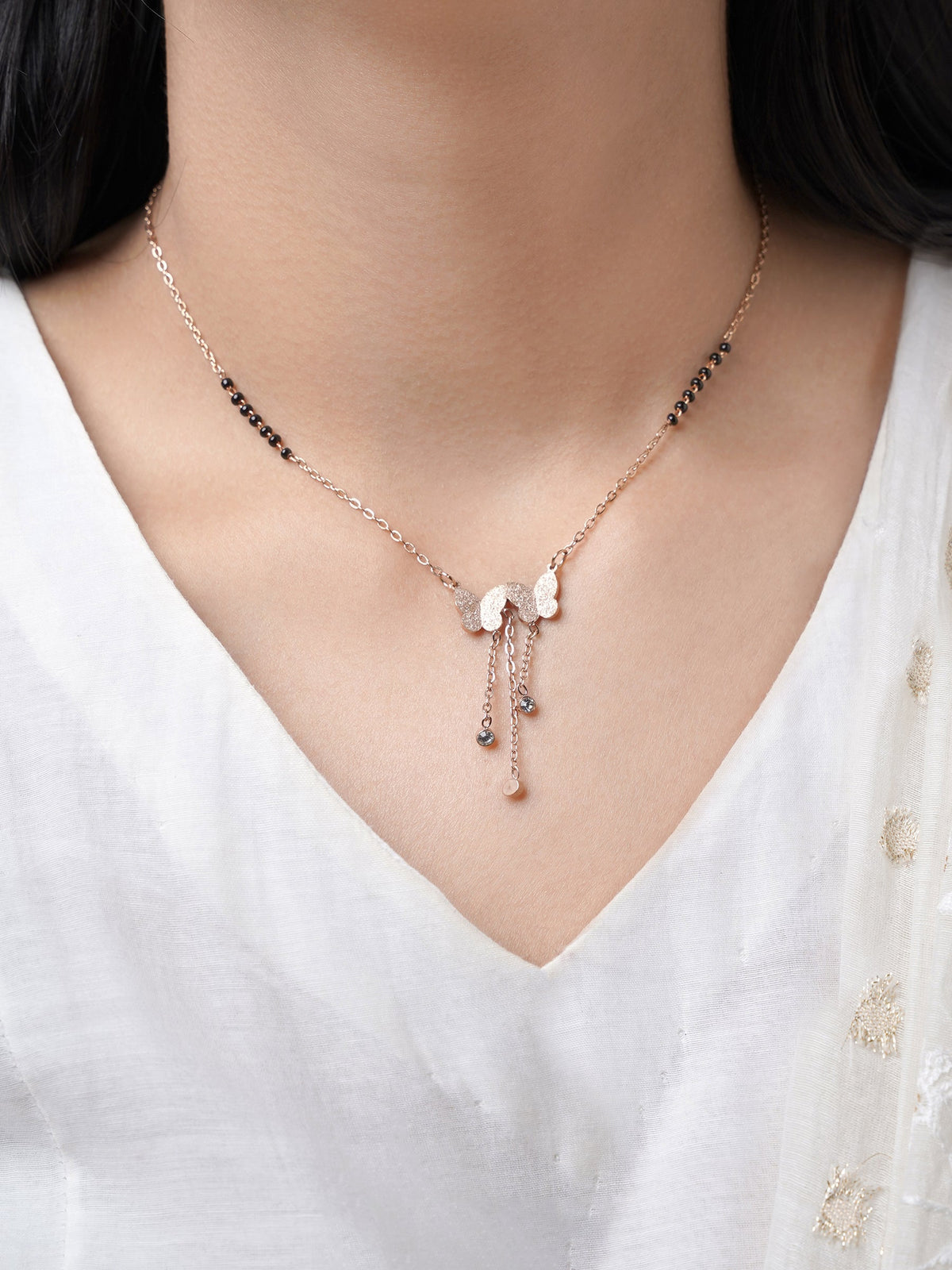 Shreya Butterfly Diamond Charm Rosegold Plated Pendant Mangalsutra