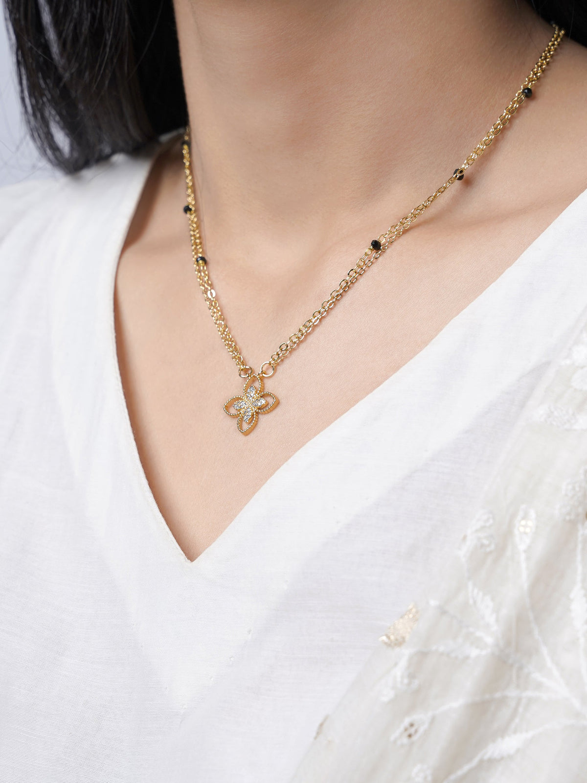 Verona Double Layered Flower Diamond Charm 14K Gold Plated Mangalsutra