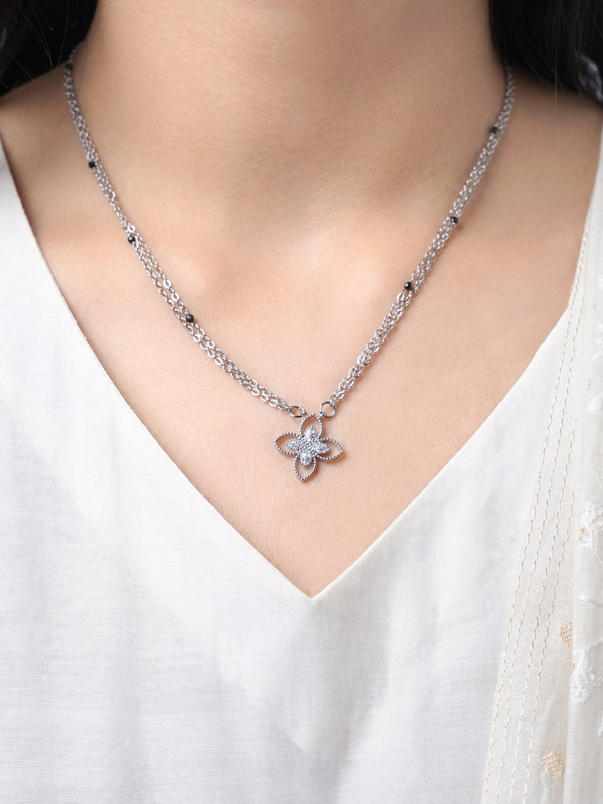 Verona Double Layered Flower Diamond Charm Silver Pendant Mangalsutra