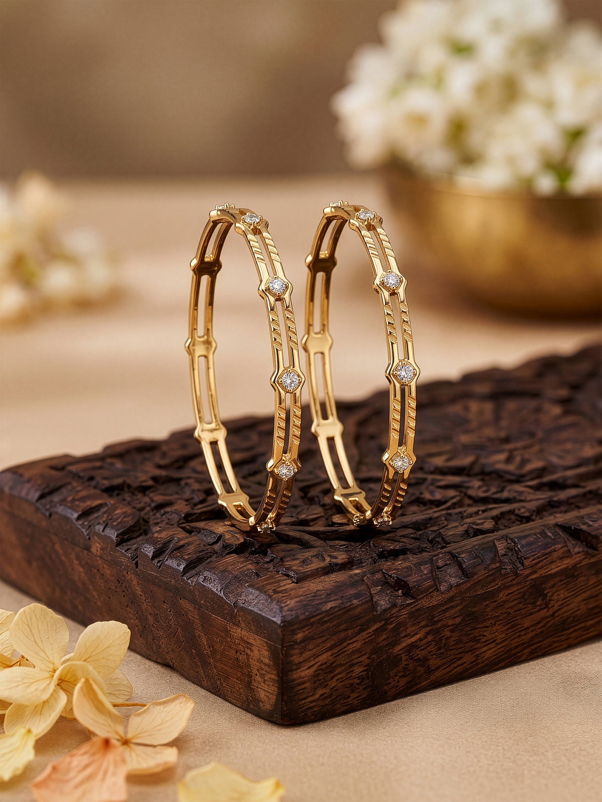 Aarika Link Frame Diamond Solitaire Gold Set Of 2 Women's 2/4, 2/6, 2/8 Bangles