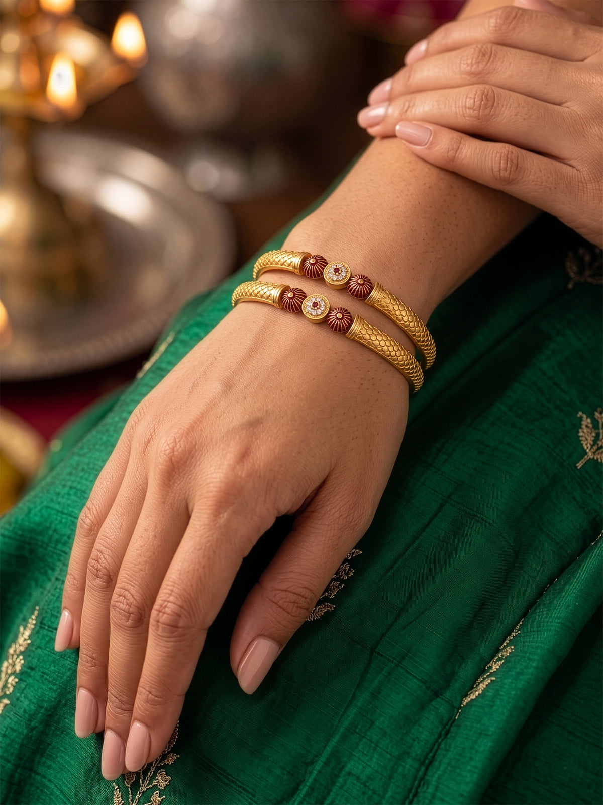 Aaruni Red Diamond Bead Gold Set Of 2 Women's 2/4, 2/6, 2/8 Bangles