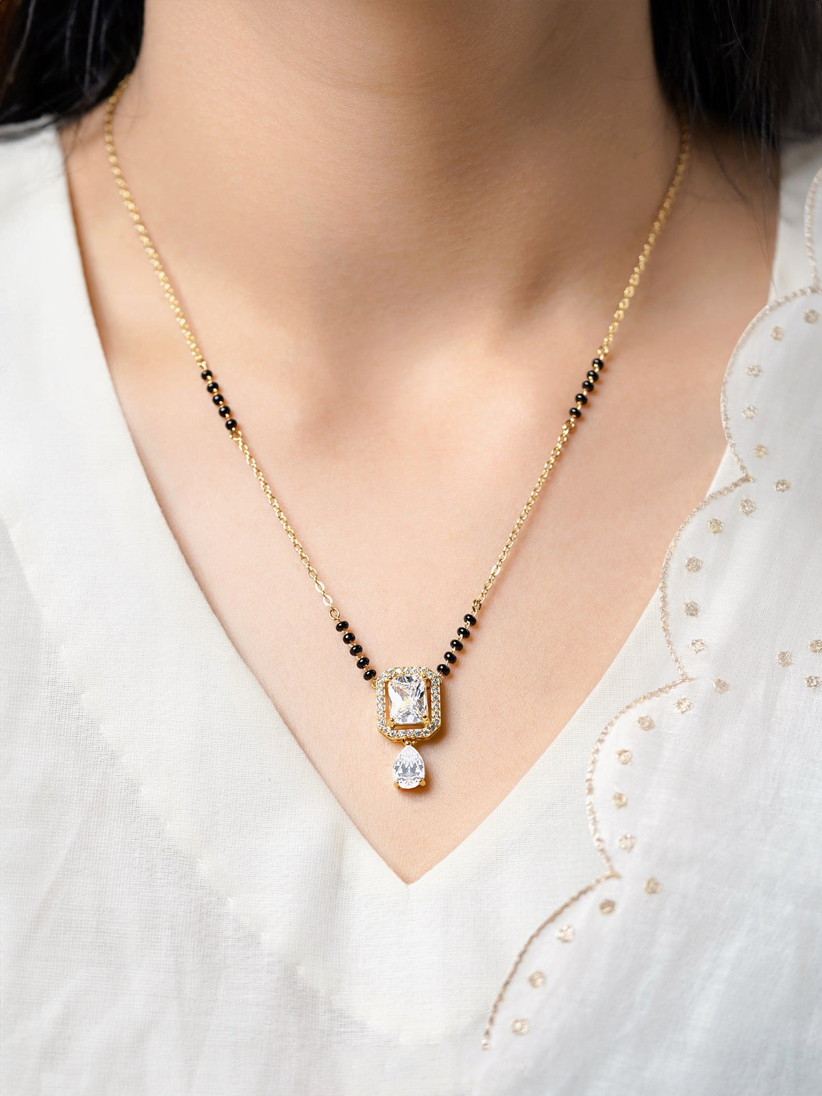 Aarvika Diamond Solitaire Pear Drop 18K Gold Plated Mangalsutra