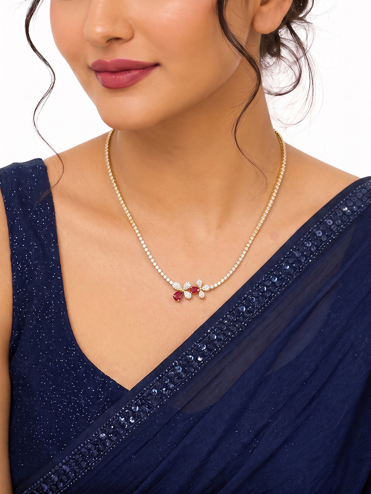 Rachita Floral Red Diamond Gold Women's Chain Pendant Necklace