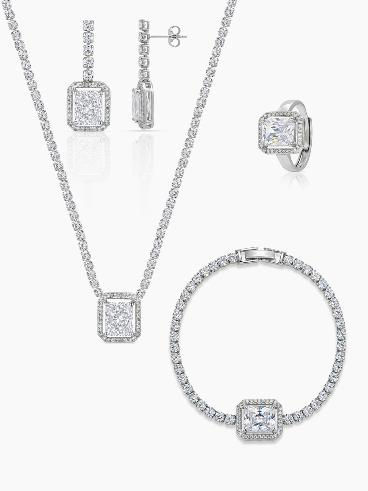 Advita Diamond Solitaire Silver Women's Jewelry Set Of 4 - Necklace, Ring, Bracelet & Earrings