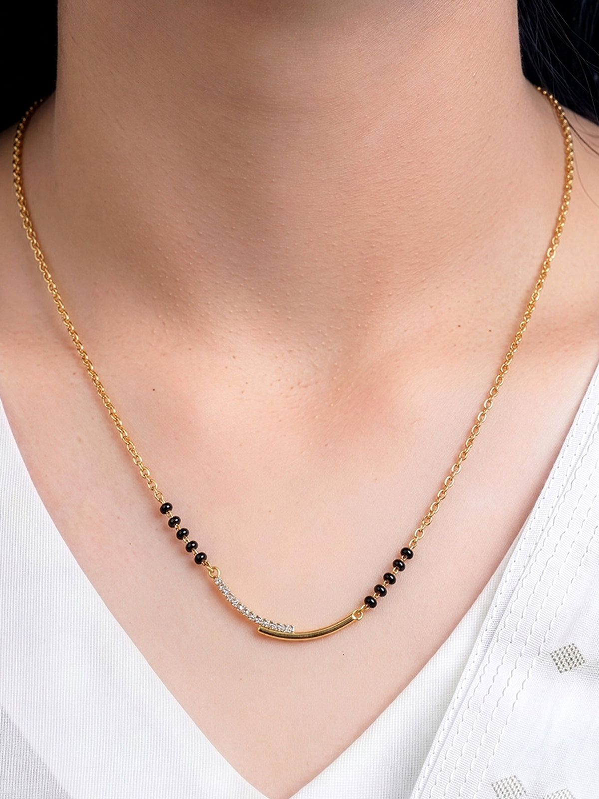 Alvica gently curved textured Bar 18K Gold Tone Plated Mangalsutra