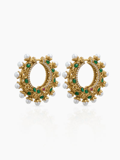 Arka Pearl Emerald Gold Women's Hoop Earrings