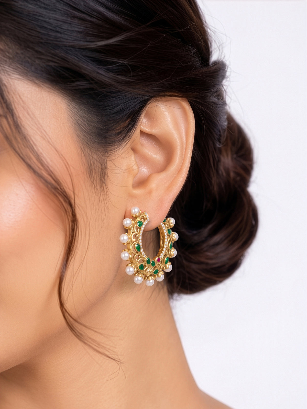 Arka Pearl Emerald Gold Women's Hoop Earrings