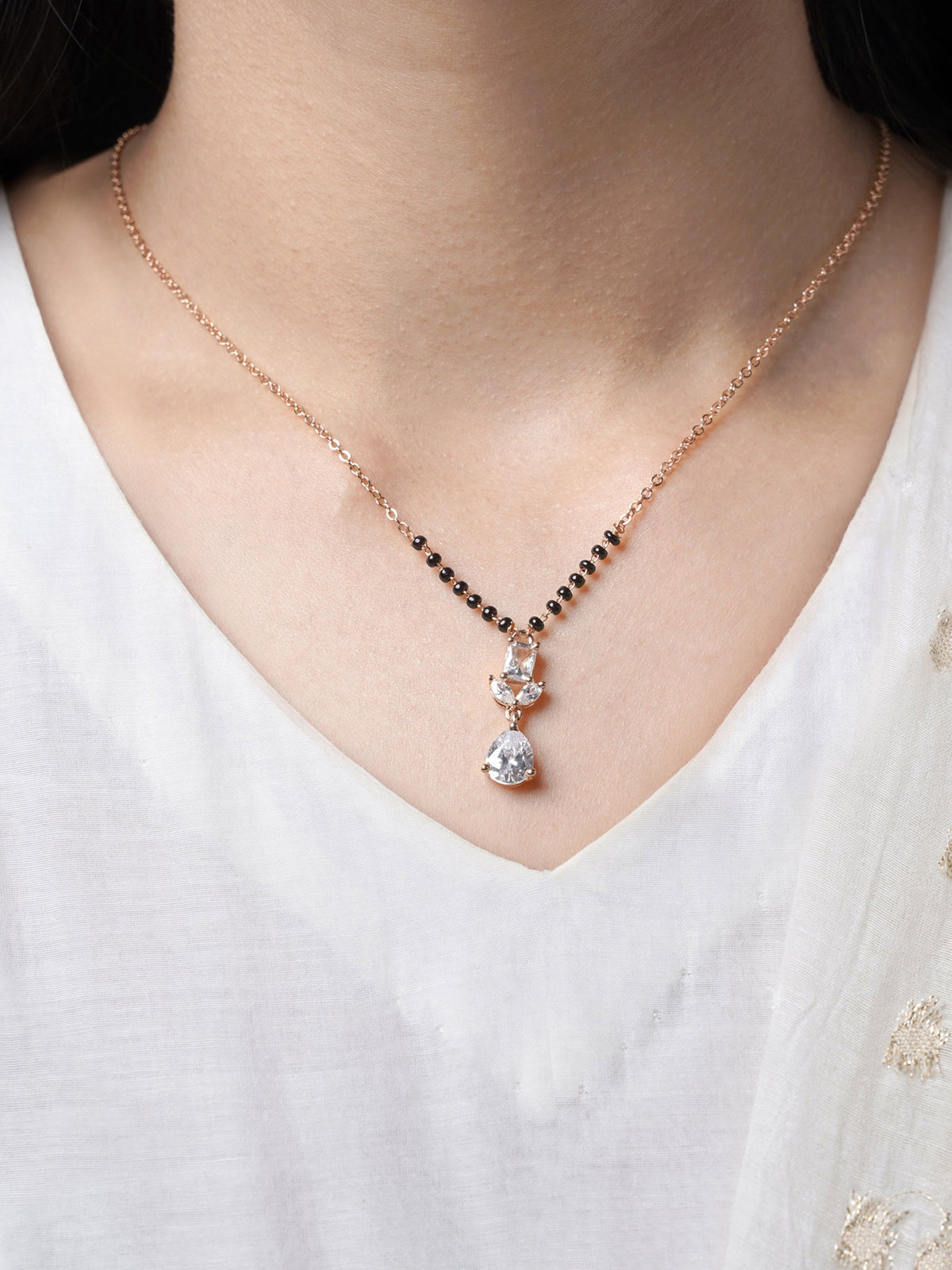 Chahel Trio CZ Stones Drop Marquise Baguette Rosegold Plated Mangalsutra