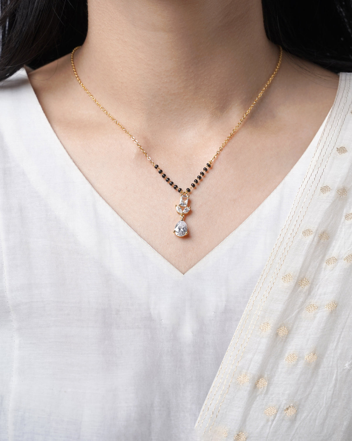 Chahel Trio CZ Stones Drop Marquise Baguette 18K Gold Plated Mangalsutra