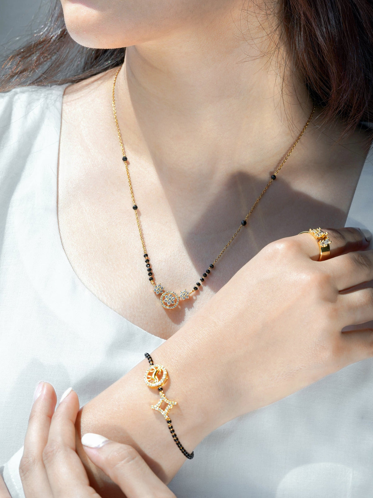 Charvi Circular Horse Medallion Diamond Shaped Charms 18K Gold Plated Mangalsutra Bracelet