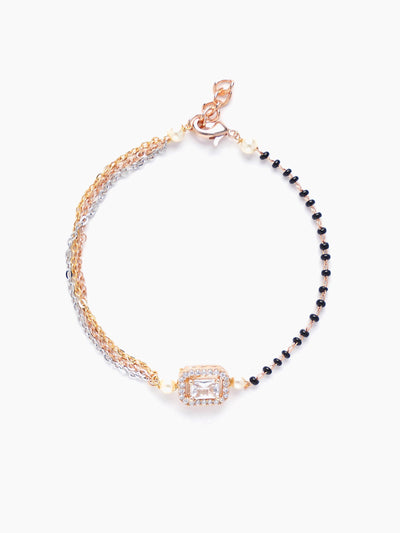 Dharana Diamond Two tone Solitaire Pearl Black Beads Rosegold Plated Mangalsutra Bracelet