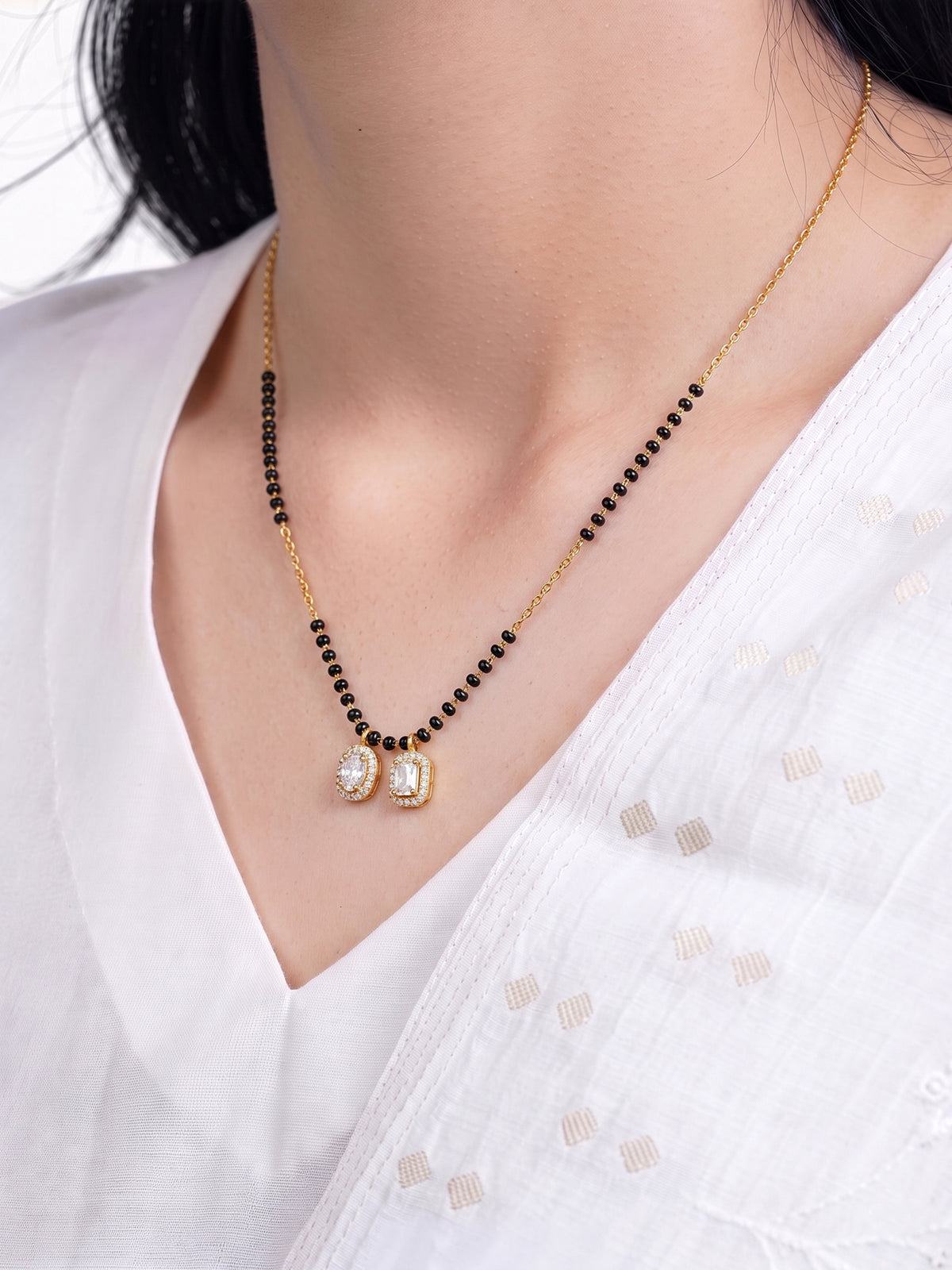 Diya Halo Twin Solitaire 18K Gold Plated Women's Chain Pendant Mangalsutra Necklace