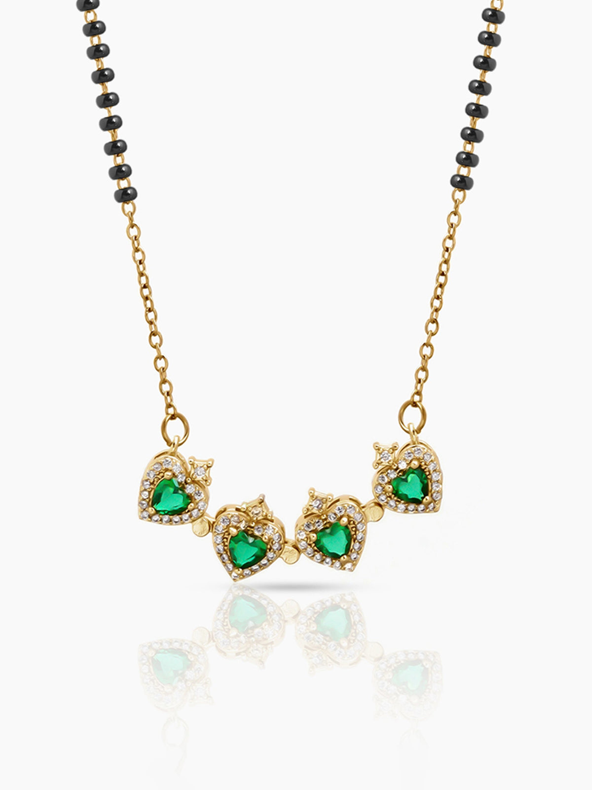 Emerald Shiny Clover Diamond Solitaire Green Heart Charm 18K Gold Plated Mangalsutra