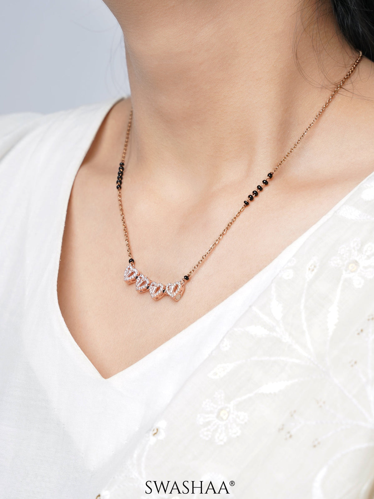 Gleaming Clover Diamond Heart Rosegold Plated Pendant Mangalsutra