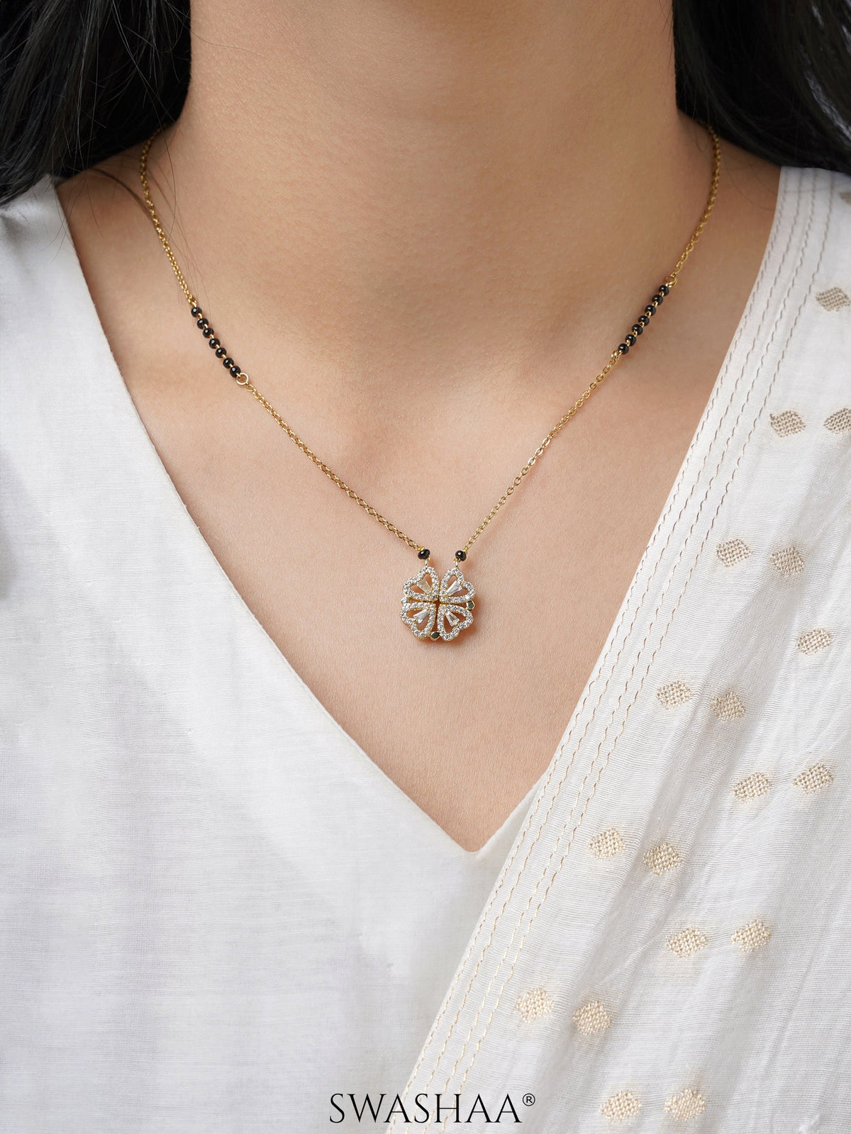 Gleaming Clover Diamond Heart 18K Gold Plated Pendant Mangalsutra