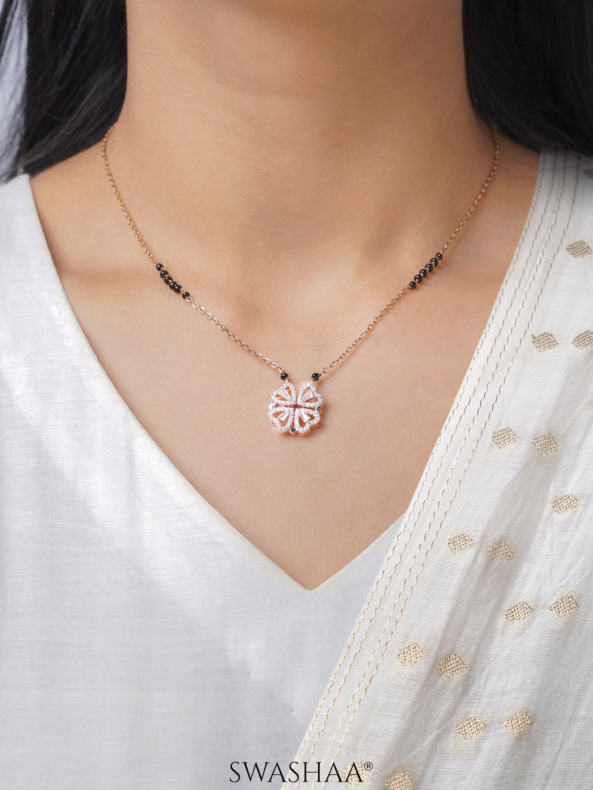 Gleaming Clover Diamond Heart Rosegold Plated Pendant Mangalsutra