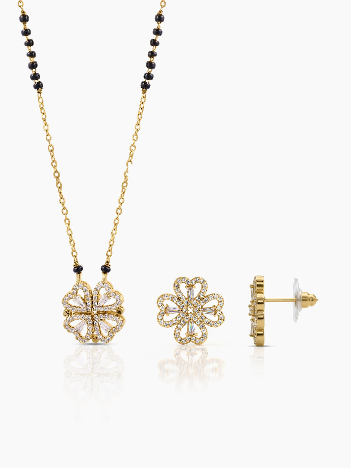 Gleaming Clover 18K Gold Plated Mangalsutra Jewelry Set Of 2 - Necklace & Earrings - Swashaa
