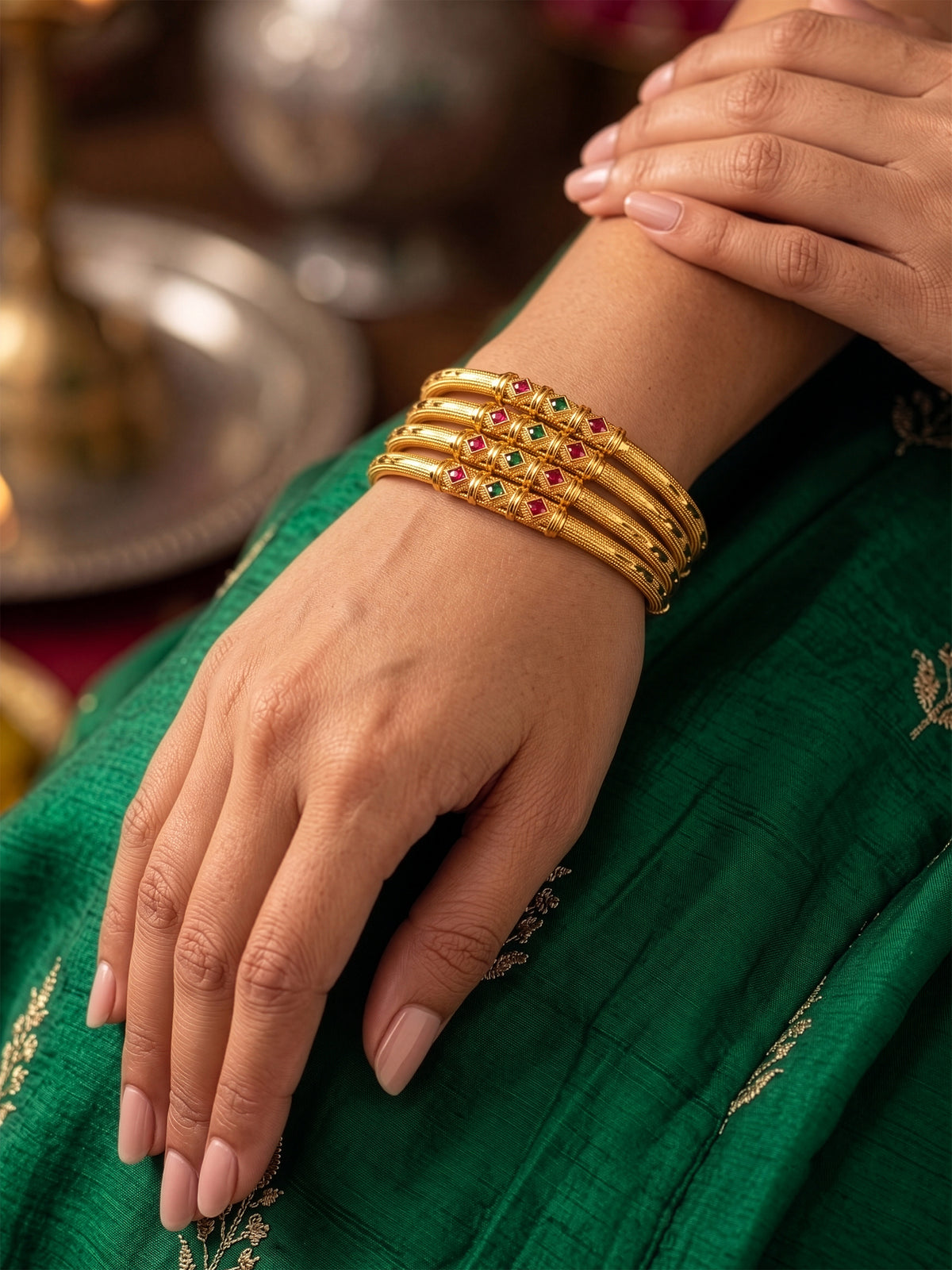 Heena Pink - Green Gold Set Of 4 Women's 2/4, 2/6, 2/8 Bangles
