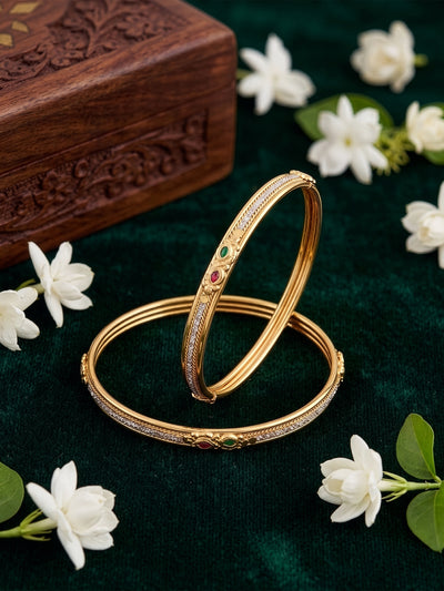 Ishvika Pink - Green Motif Gold Set Of 2 Women's 2/4, 2/6, 2/8 Bangles