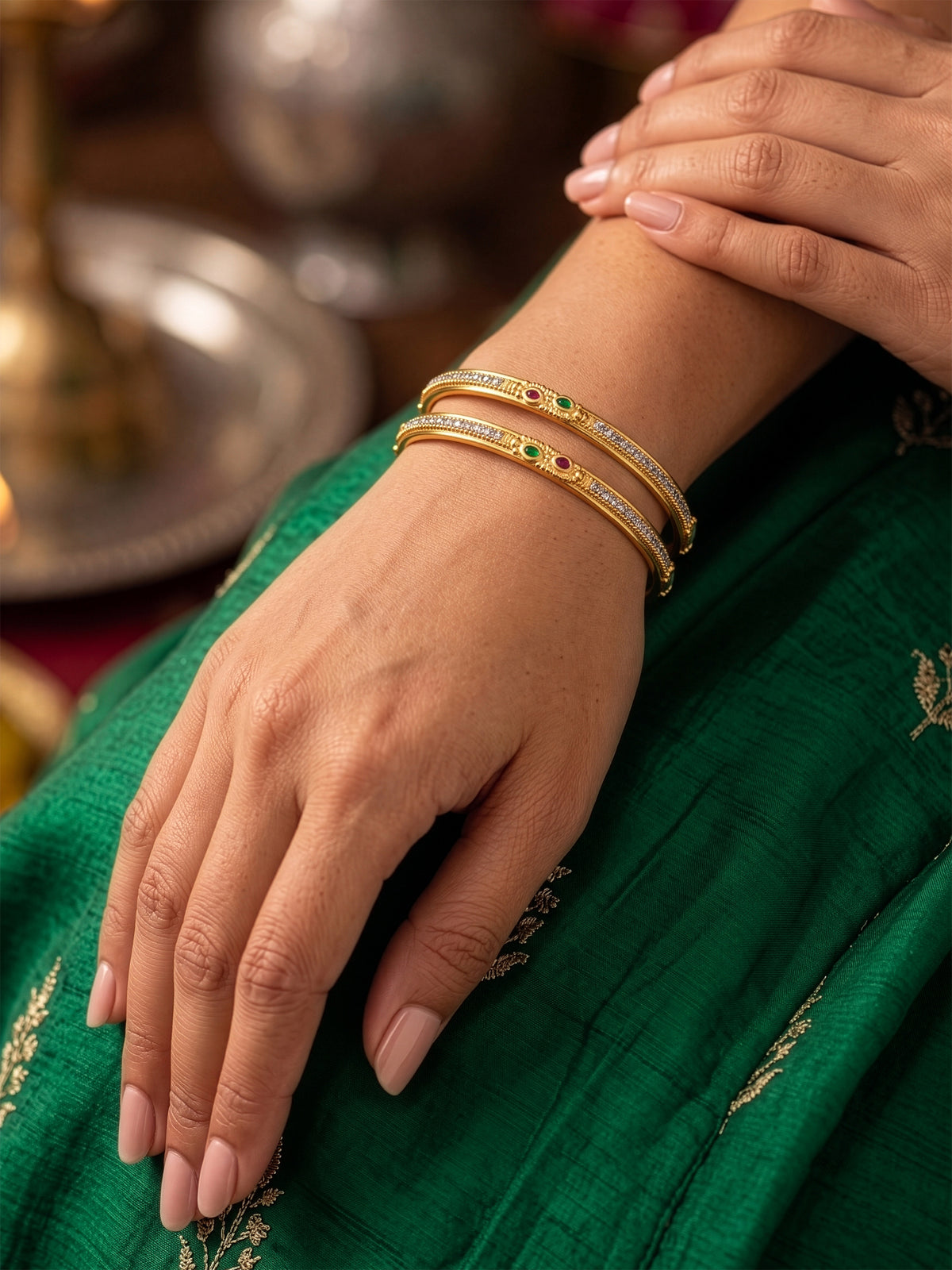 Ishvika Pink - Green Motif Gold Set Of 2 Women's 2/4, 2/6, 2/8 Bangles