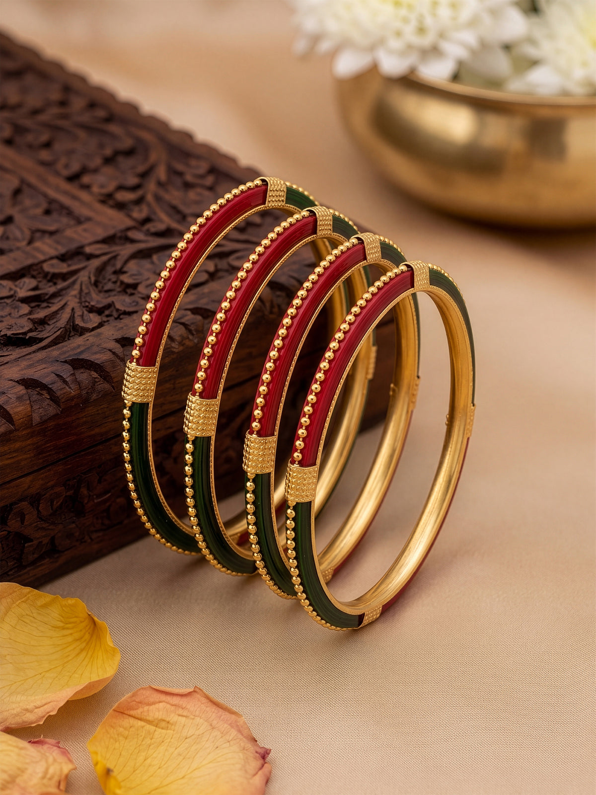 Jeevika Red-Green Multicolour Gold Set Of 4 Women's 2/4, 2/6, 2/8  Bangles