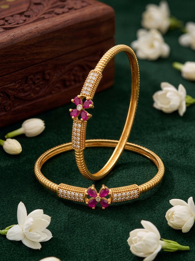 Kanika Pink Floral Diamond Gold Set Of 2 Women's 2/4, 2/6, 2/8 Bangles
