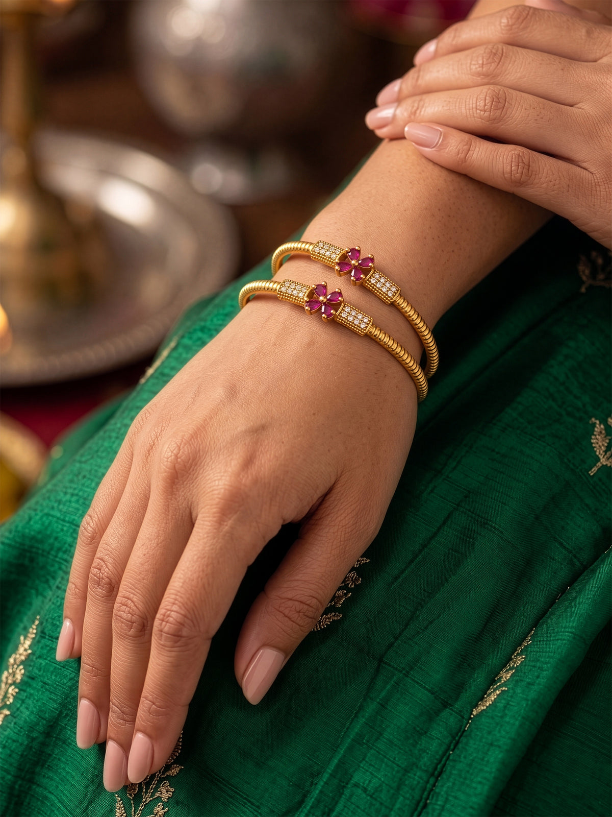 Kanika Pink Floral Diamond Gold Set Of 2 Women's 2/4, 2/6, 2/8 Bangles