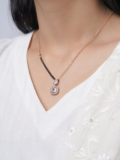Kissha Square Cut Diamond Solitaire Rosegold Plated Pendant Mangalsutra