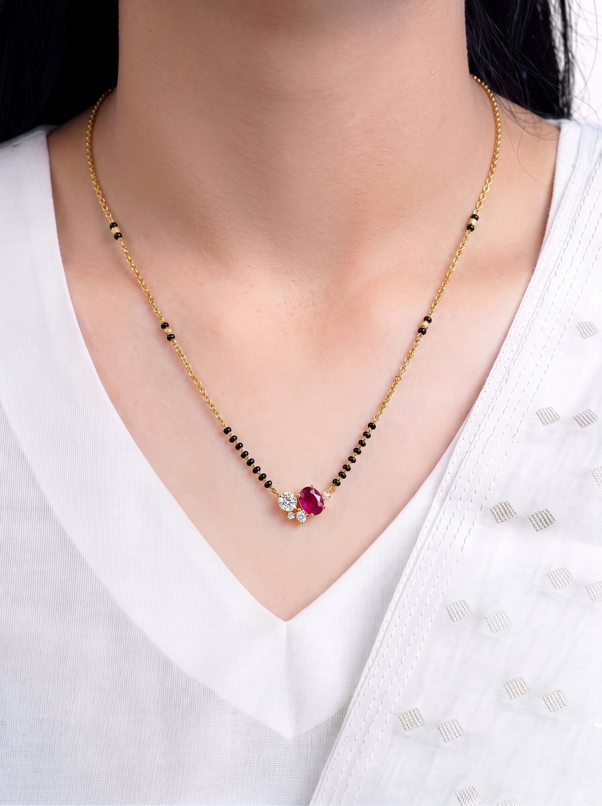 Krisha Pink Ruby Stone Diamond 18K Gold Plated Women's Chain Pendant Mangalsutra Necklace