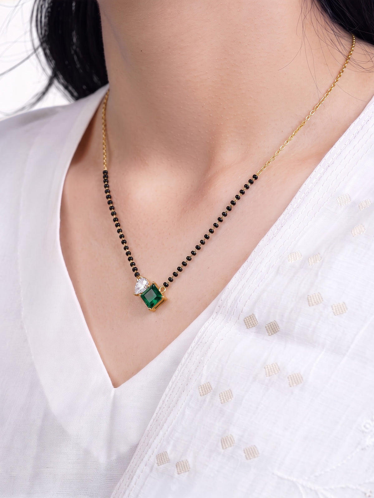 Kruti Green Emerald Stone Pear Diamond 18K Gold Plated  Women's Chain Pendant Mangalsutra Necklace