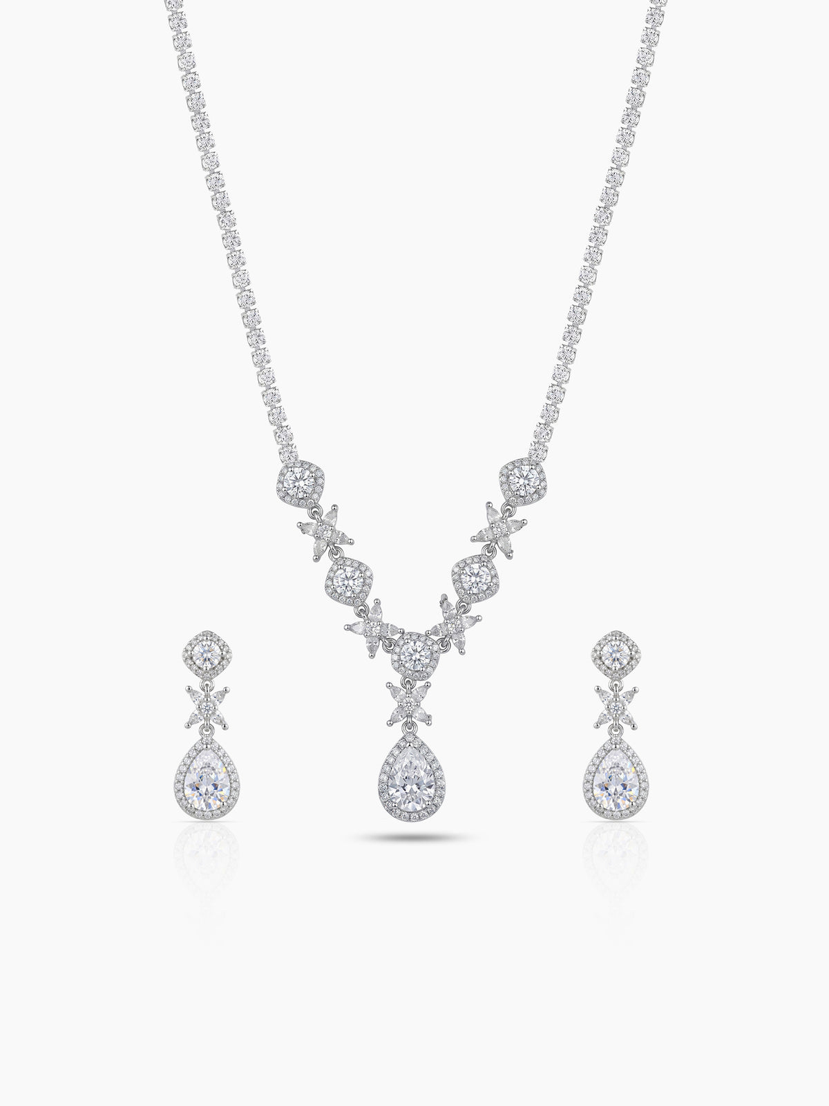 Maina Pear Diamond Solitaire Charm Silver  Women's Jewelry Set Of 2 - Necklace & Earrings