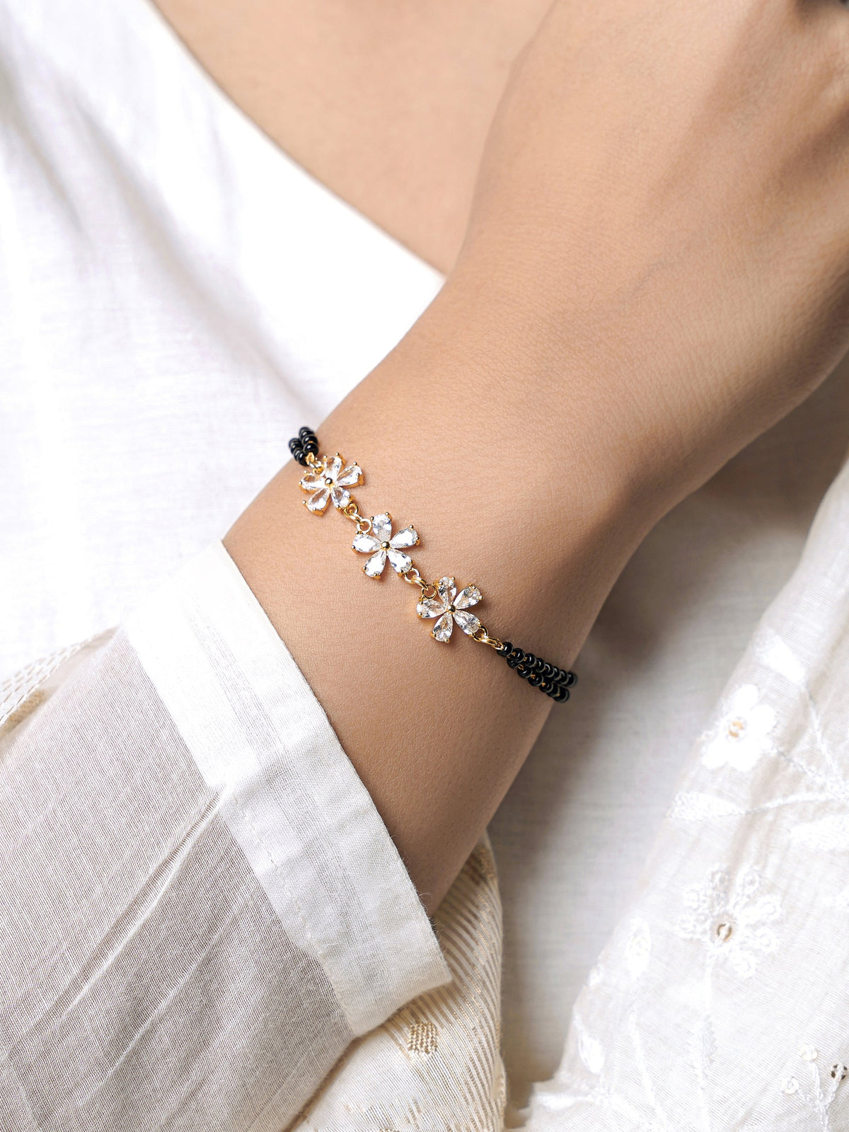 Meher Trio Flower Diamond Chamrs 18K Gold Plated Mangalsutra Bracelet