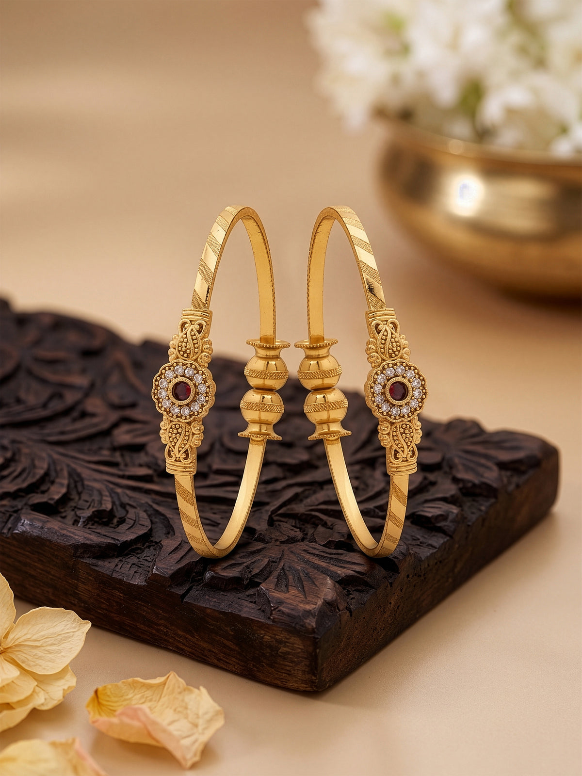 Mihira Pink Floral Diamond Halo Leaf Gold Set Of 2 Women's 2/4, 2/6, 2/8 Cuff Bangles