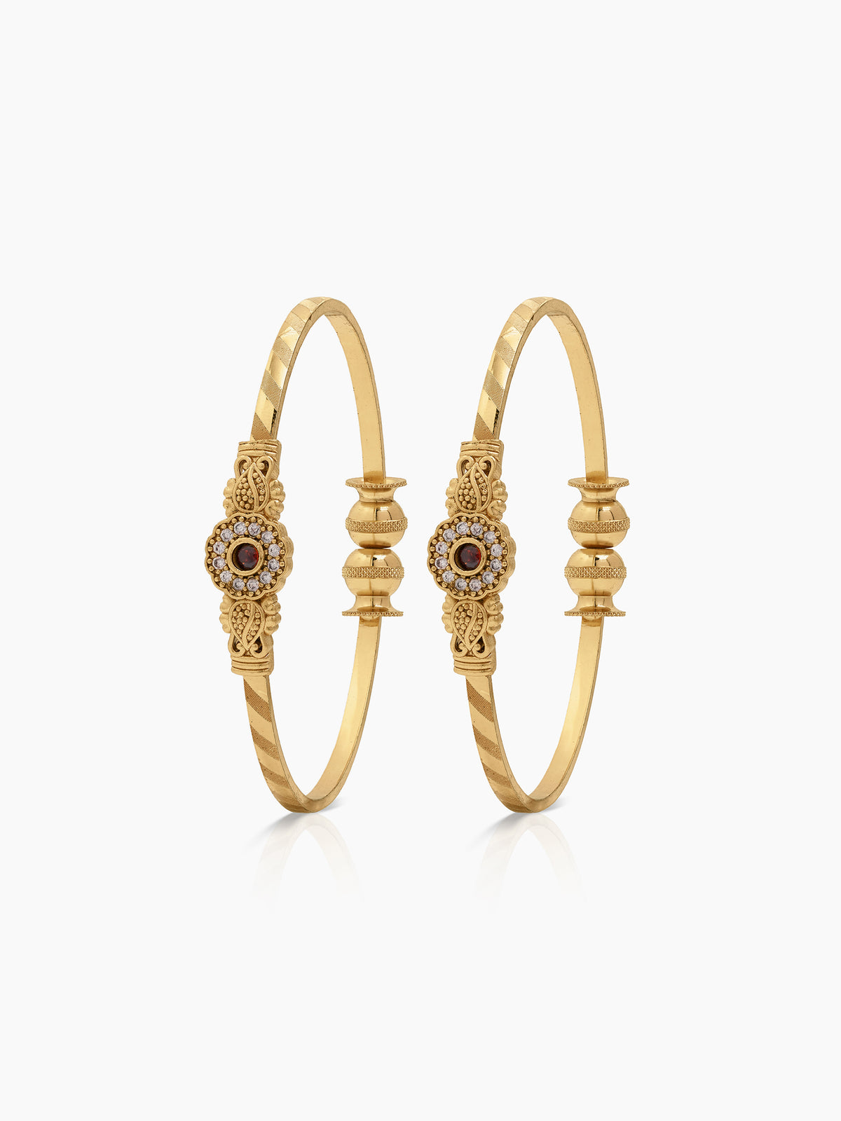 Mihira Pink Floral Diamond Halo Leaf Gold Set Of 2 Women's 2/4, 2/6, 2/8 Cuff Bangles