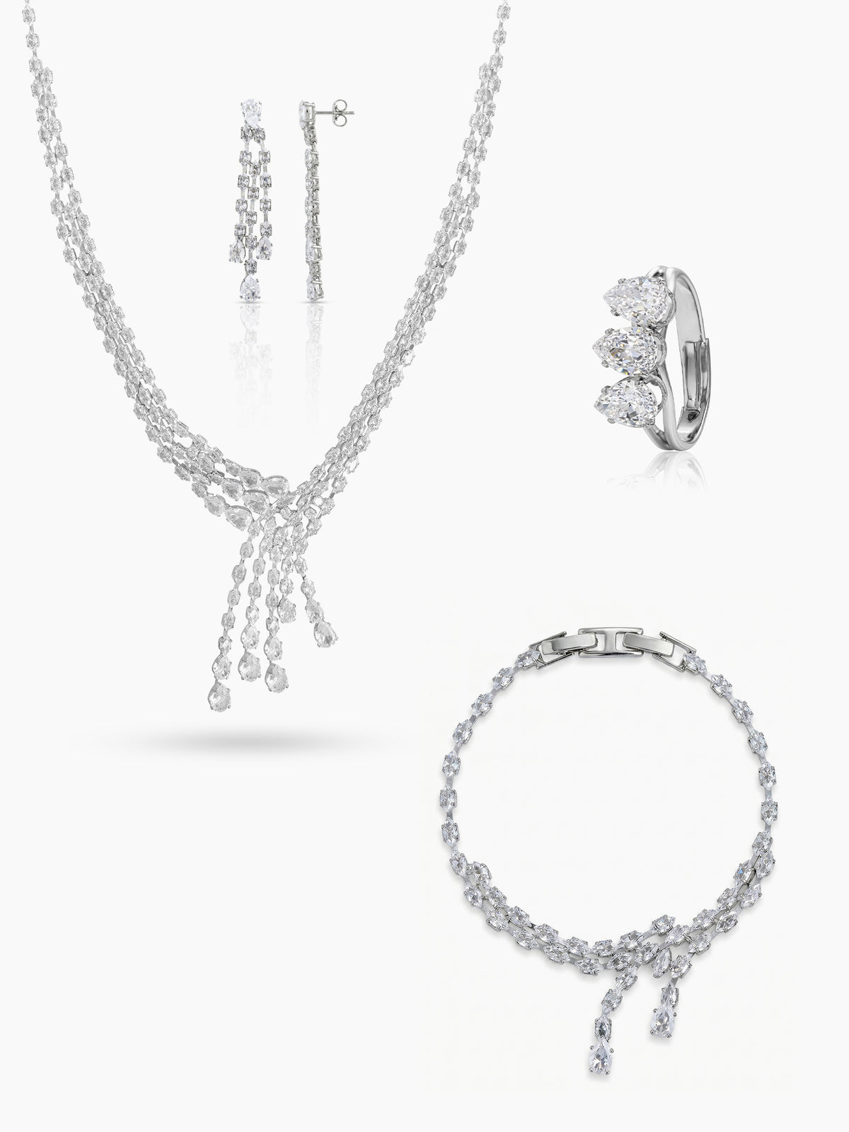 Molisha  Diamond Women's Silver Jewelry Set Of 4 - Necklace, Ring, Bracelet & Earrings 