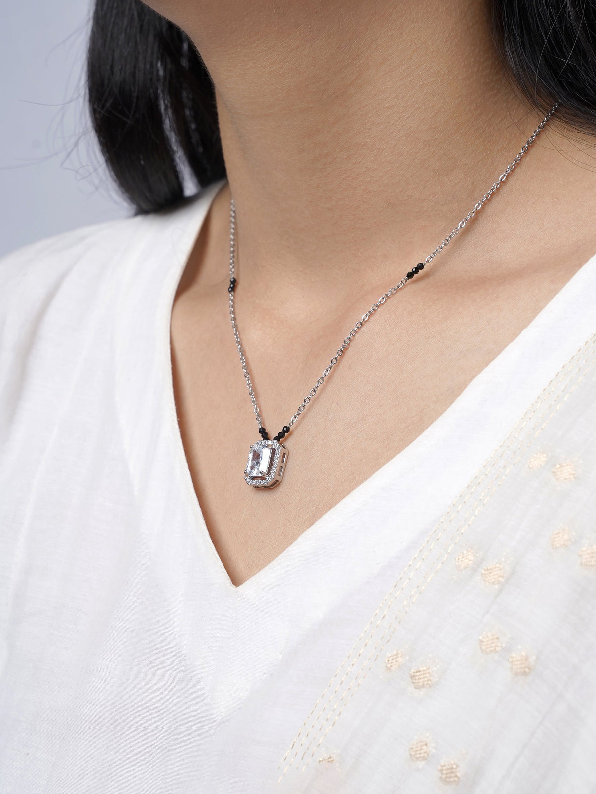 Nayaa Diamond Solitaire Silver Pendant Mangalsutra