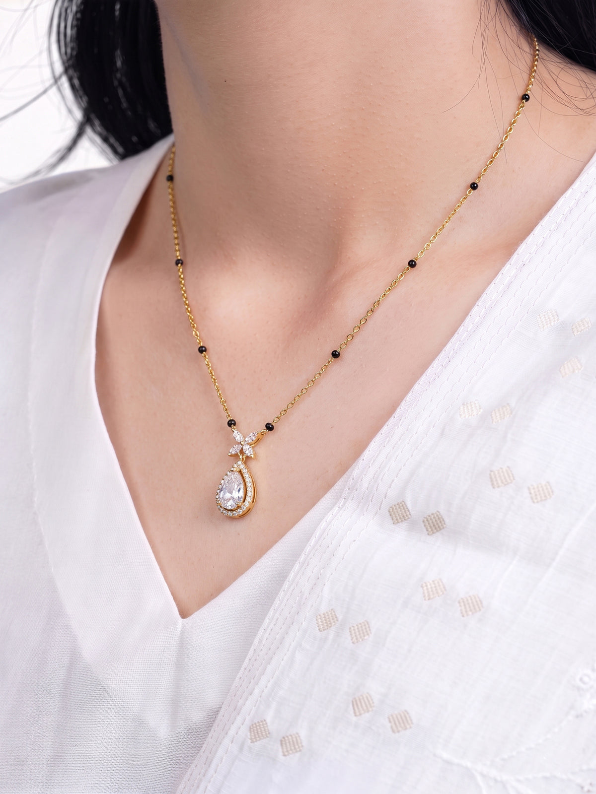 Niva Floral Teardrop Diamond Solitaire Pear 18K Gold Plated Women's Chain Pendant Mangalsutra Necklace
