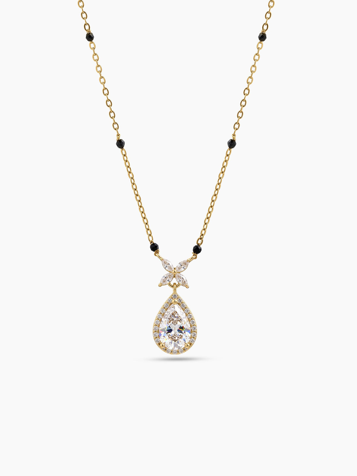 Niva Floral Teardrop Diamond Solitaire Pear 18K Gold Plated Women's Chain Pendant Mangalsutra Necklace