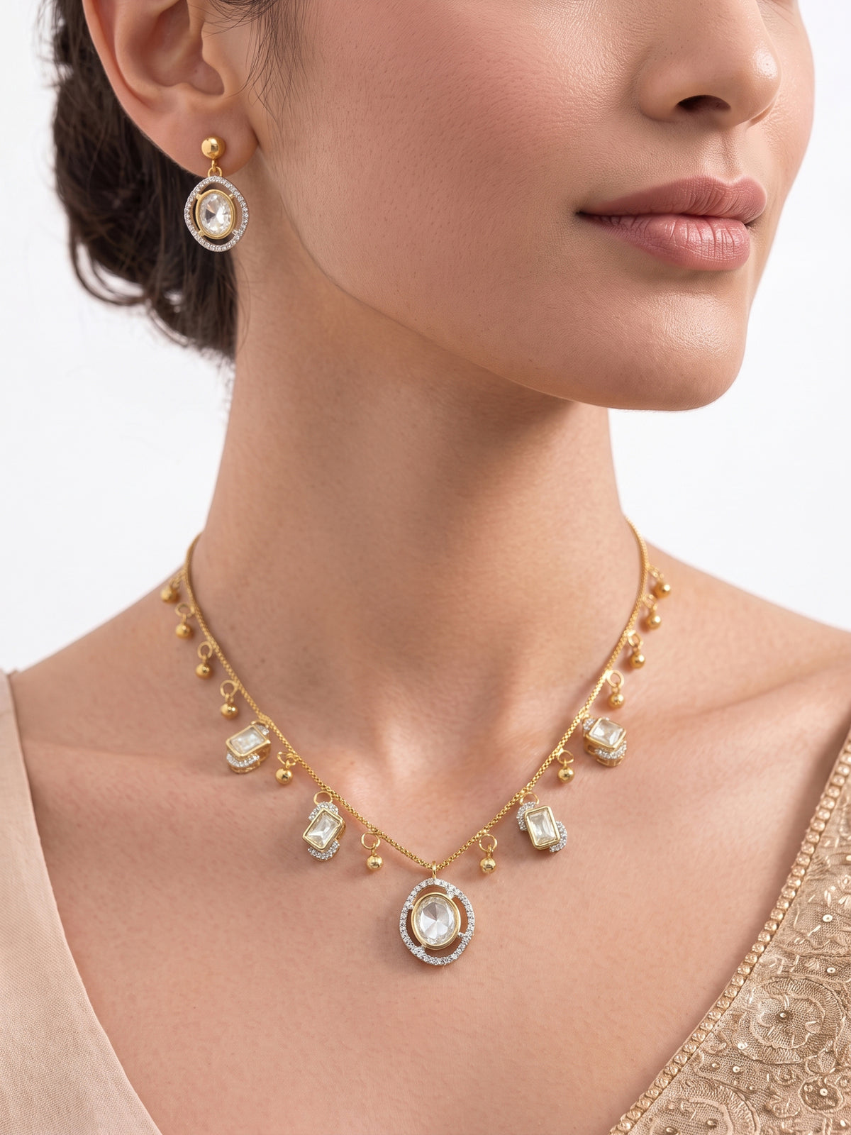 Radhika Baguette Diamond Beaded Charm Women's Jewelry Set Of 2 - Necklace & Earrings