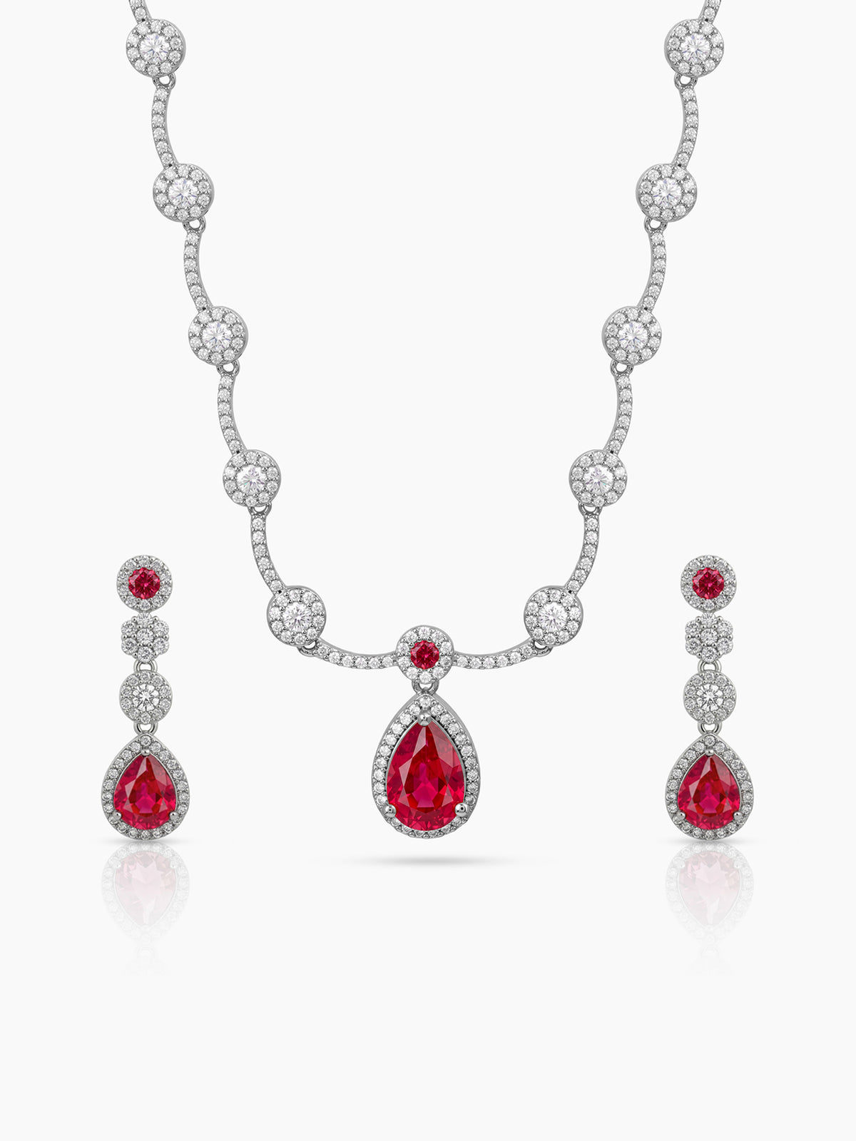 Revti Teardrop Pear Solitaire Diamond Red - Silver Women's Jewelry Set Of 2 - Necklace & Earrings